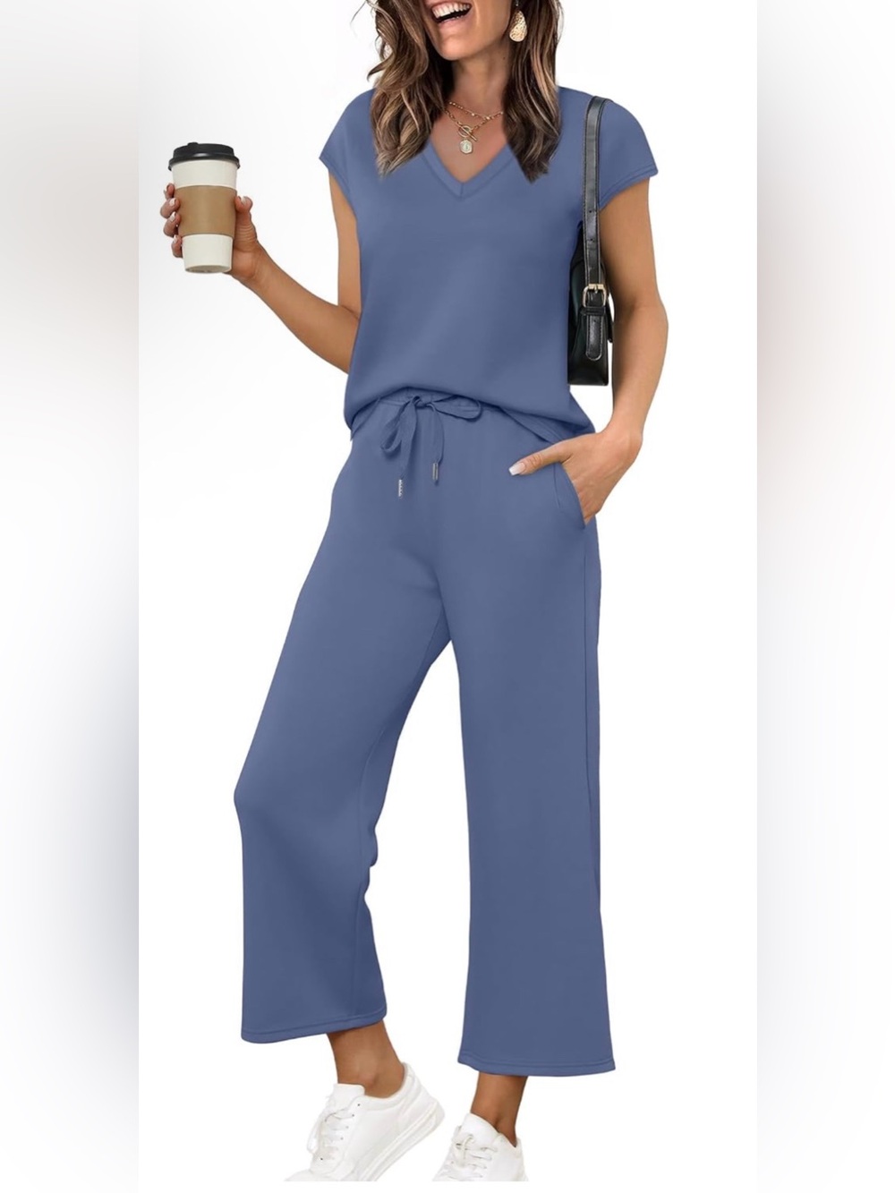 Saloogoe Two Piece Sets for Women Summer Outfits Lounge Sets V Neck Tops Wide Le